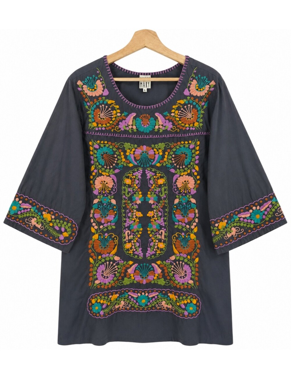 Sister Mary Embroidered Cotton Tunic Dress Large Gray Boho Folk Floral Artisan